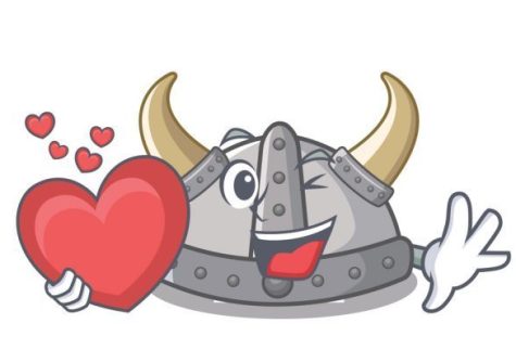 With heart viking helmet toys on mascot table vector illustration